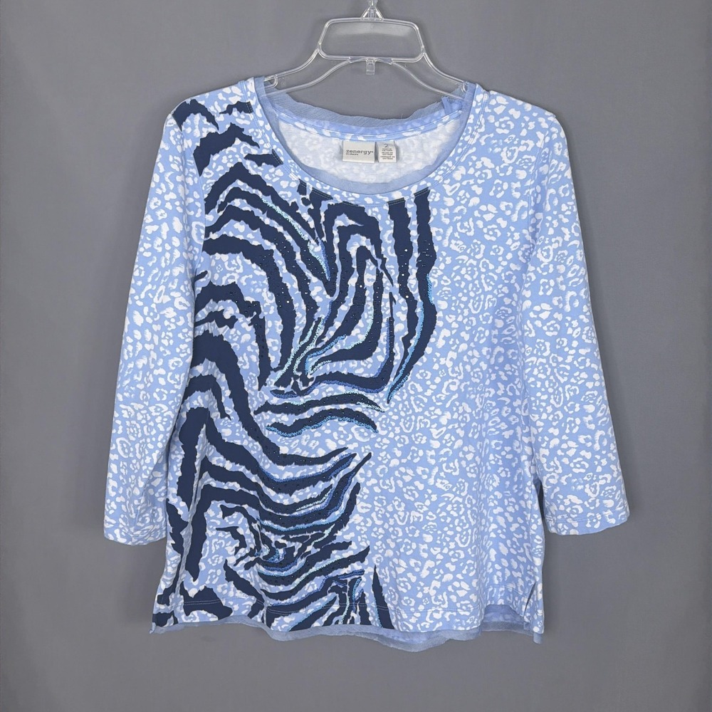 Chicos Zenergy Top Womens 2 Large Blue Animal Print Sequin 3/4 Sleeve Tee